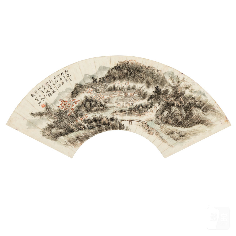 黃賓虹（1865-1955） 淺絳山水扇面 設色紙本 鏡框 一九三四年作 | HUANG BINHONG (1865-1955) - 图1